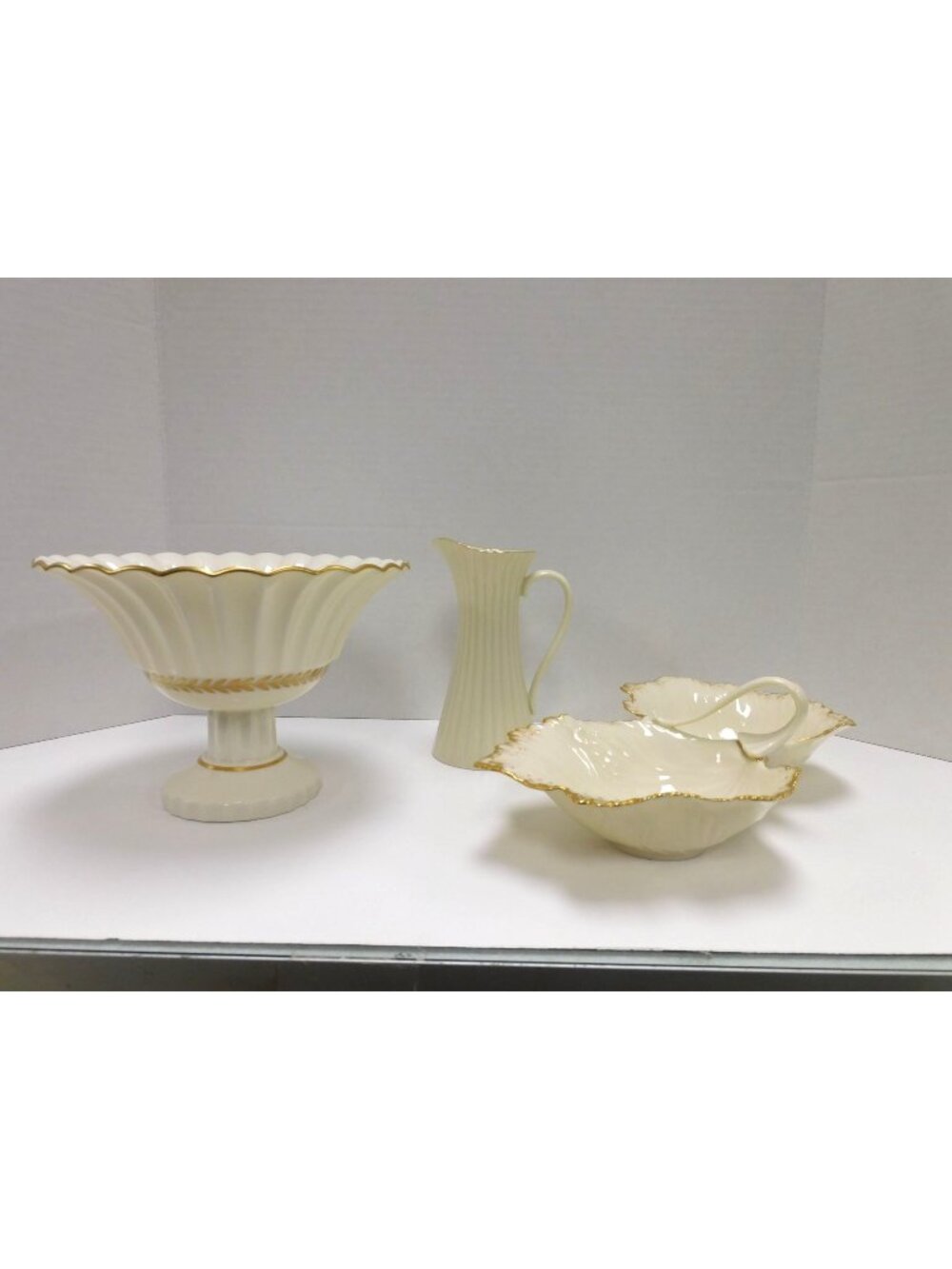 Vtg Lenox 24Kt Gold Trim Fluted Pitcher, Divided Nut Dish & Pedestal Candy Dish